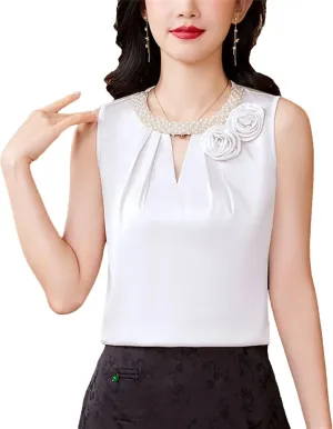 Women's Lightweight Satin Tank Top & Camisole Summer Breathable O-Neck Sleeveless Vest with 3D Flower Hollow Out Beaded Shirt