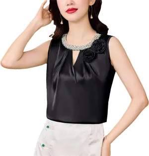 Women's Lightweight Satin Tank Top & Camisole Summer Breathable O-Neck Sleeveless Vest with 3D Flower Hollow Out Beaded Shirt
