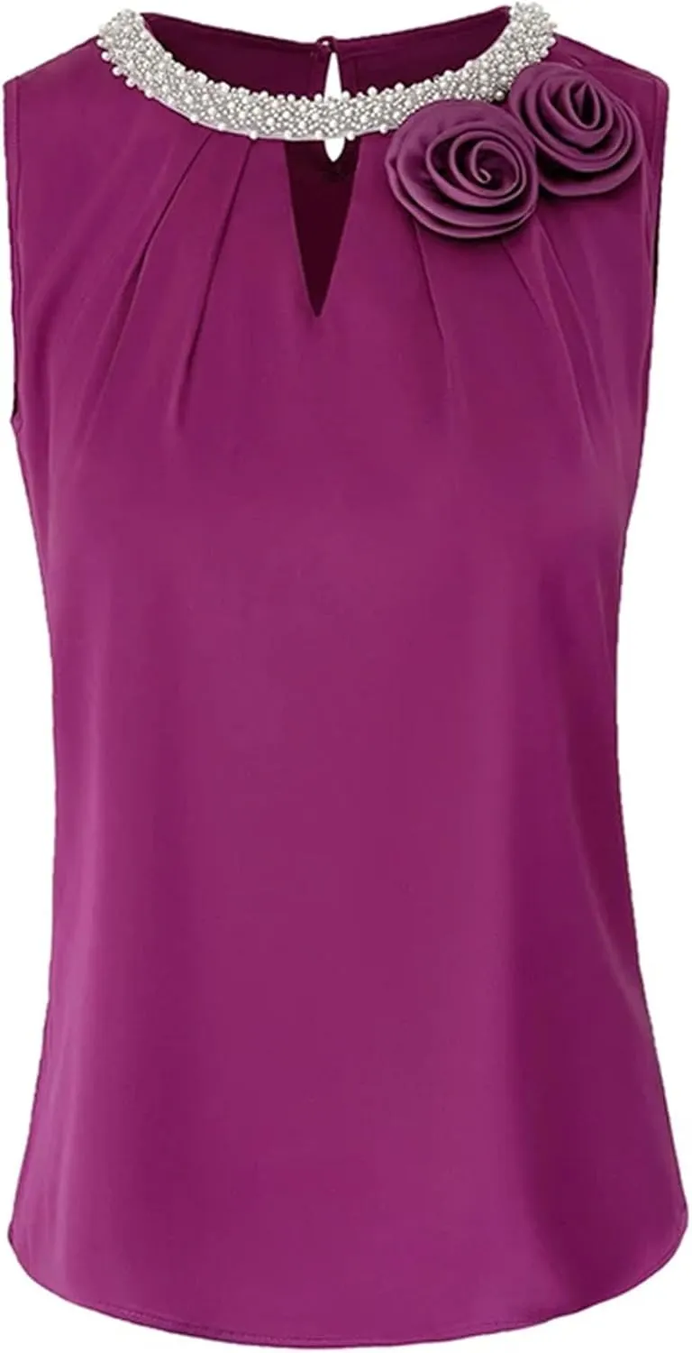 Women's Lightweight Satin Tank Top & Camisole Summer Breathable O-Neck Sleeveless Vest with 3D Flower Hollow Out Beaded Shirt