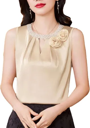 Women's Lightweight Satin Tank Top & Camisole Summer Breathable O-Neck Sleeveless Vest with 3D Flower Hollow Out Beaded Shirt