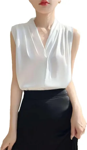 Women's Lightweight Satin Tank Top & Camisole Summer Breathable V-Neck Sleeveless Vest Casual Smooth Model Silky Work Blouse