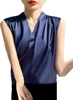 Women's Lightweight Satin Tank Top & Camisole Summer Breathable V-Neck Sleeveless Vest Casual Smooth Model Silky Work Blouse