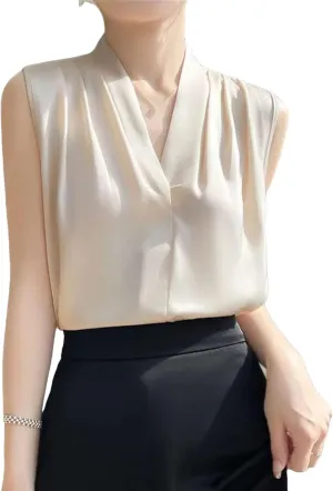 Women's Lightweight Satin Tank Top & Camisole Summer Breathable V-Neck Sleeveless Vest Casual Smooth Model Silky Work Blouse