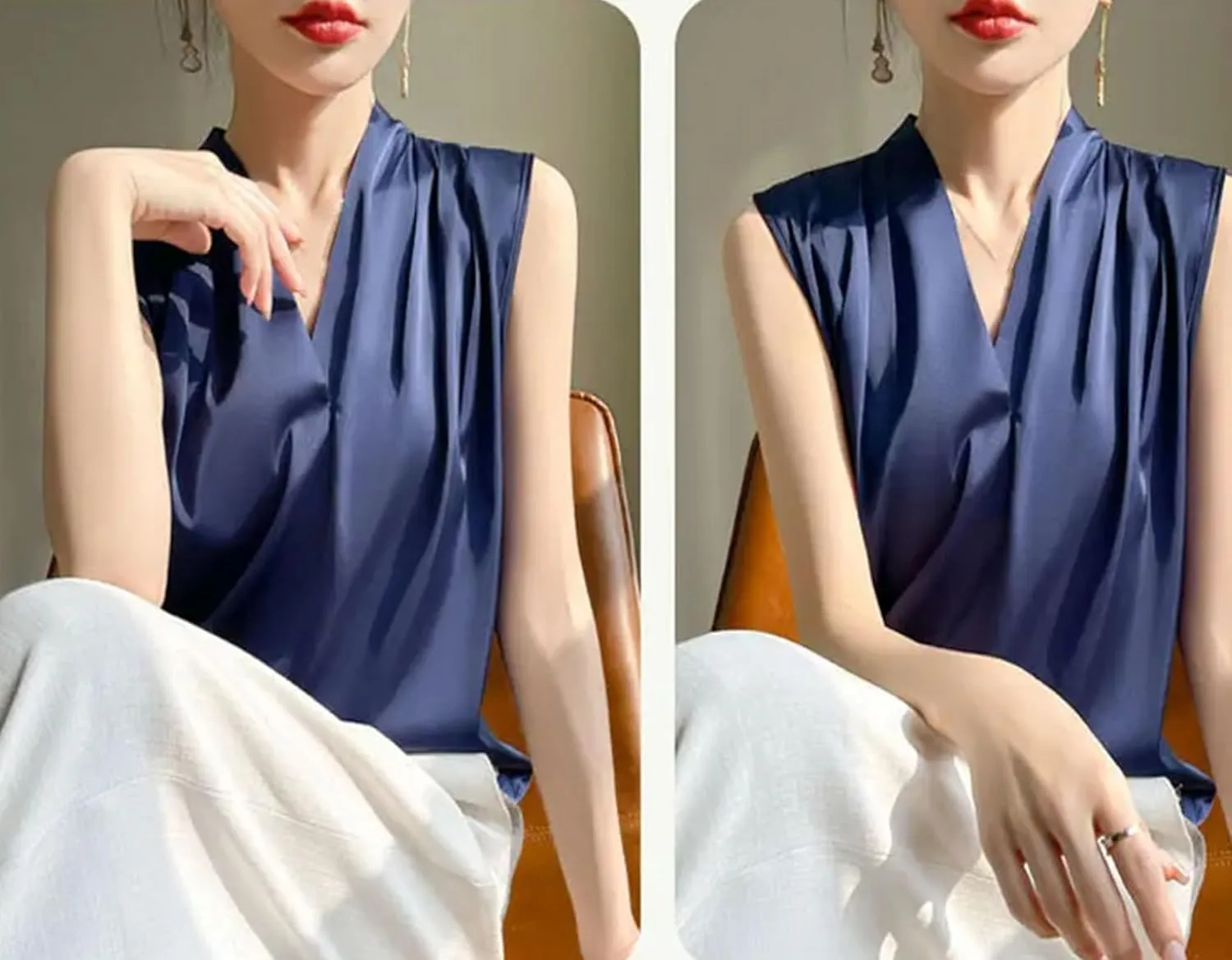 Women's Lightweight Satin Tank Top & Camisole Summer Breathable V-Neck Sleeveless Vest Casual Smooth Model Silky Work Blouse
