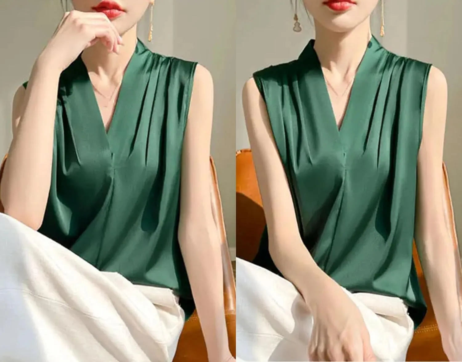 Women's Lightweight Satin Tank Top & Camisole Summer Breathable V-Neck Sleeveless Vest Casual Smooth Model Silky Work Blouse