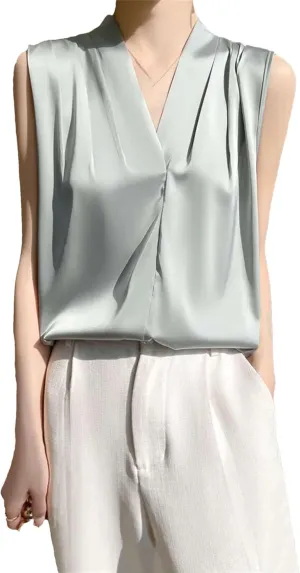 Women's Lightweight Satin Tank Top & Camisole Summer Breathable V-Neck Sleeveless Vest Casual Smooth Model Silky Work Blouse
