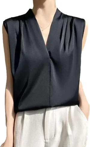 Women's Lightweight Satin Tank Top & Camisole Summer Breathable V-Neck Sleeveless Vest Casual Smooth Model Silky Work Blouse