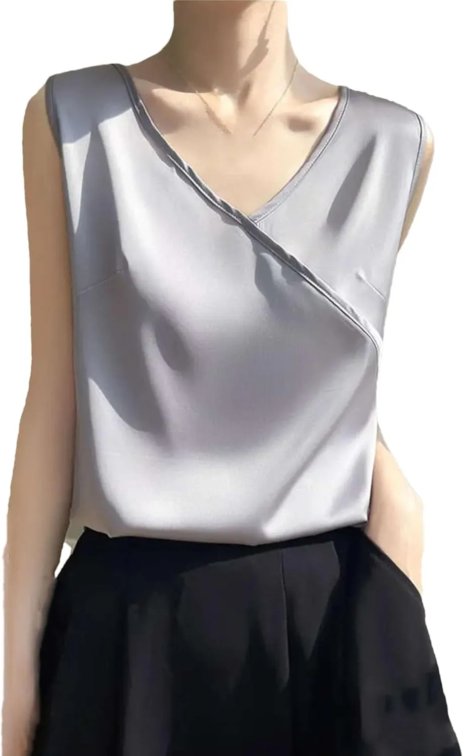 Women's Lightweight Satin Tank Top & Camisole Summer Wrap V-Neck Sleeveless Vest Casual Loose Fit Undershirt for Blazers