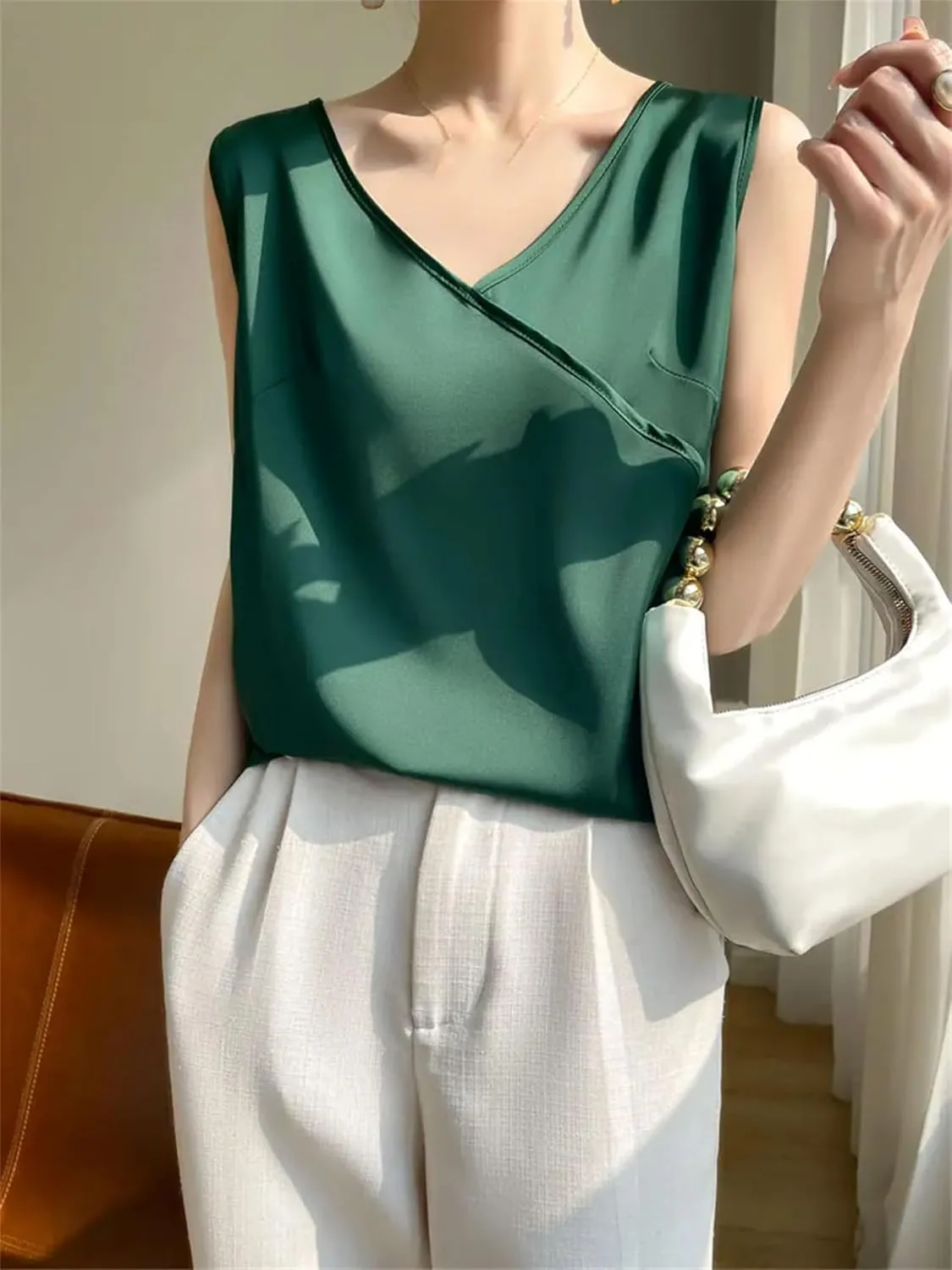 Women's Lightweight Satin Tank Top & Camisole Summer Wrap V-Neck Sleeveless Vest Casual Loose Fit Undershirt for Blazers