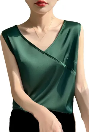 Women's Lightweight Satin Tank Top & Camisole Summer Wrap V-Neck Sleeveless Vest Casual Loose Fit Undershirt for Blazers