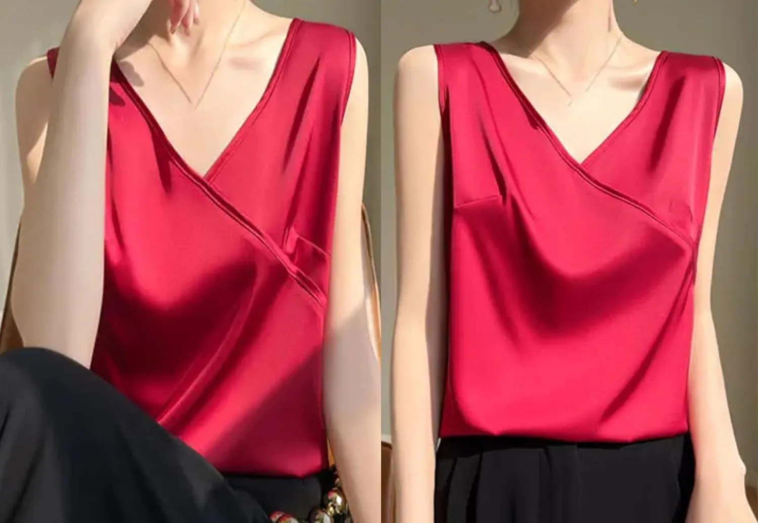 Women's Lightweight Satin Tank Top & Camisole Summer Wrap V-Neck Sleeveless Vest Casual Loose Fit Undershirt for Blazers