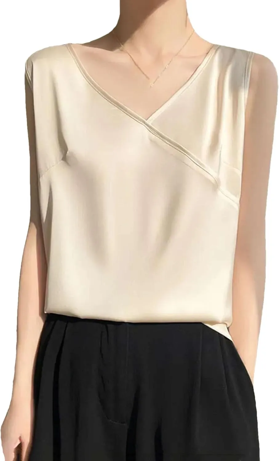 Women's Lightweight Satin Tank Top & Camisole Summer Wrap V-Neck Sleeveless Vest Casual Loose Fit Undershirt for Blazers
