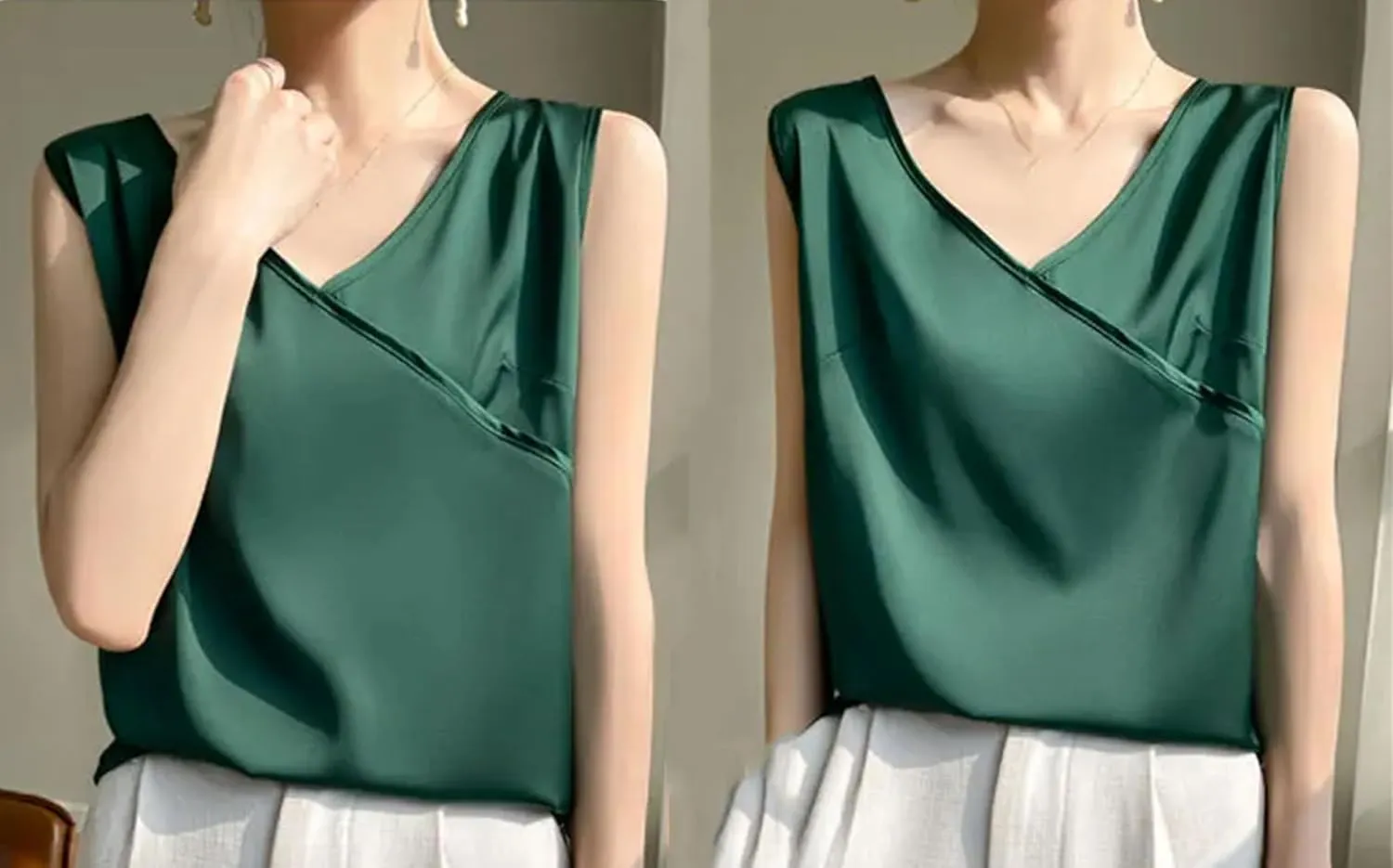 Women's Lightweight Satin Tank Top & Camisole Summer Wrap V-Neck Sleeveless Vest Casual Loose Fit Undershirt for Blazers