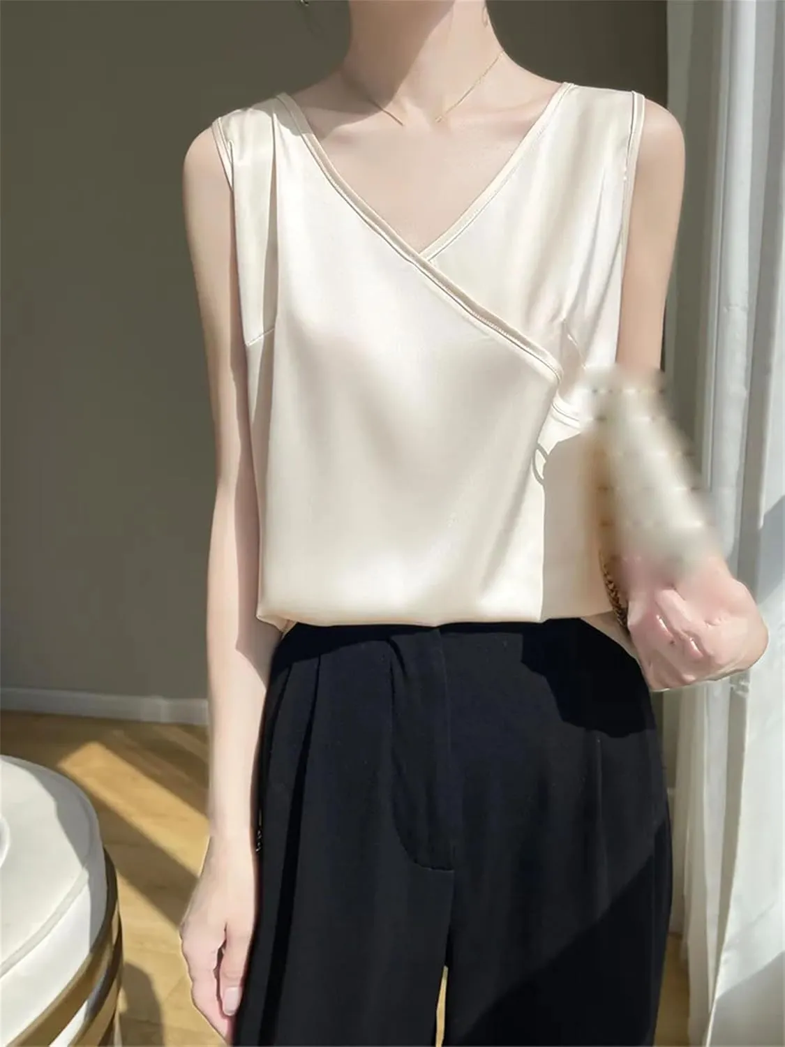 Women's Lightweight Satin Tank Top & Camisole Summer Wrap V-Neck Sleeveless Vest Casual Loose Fit Undershirt for Blazers
