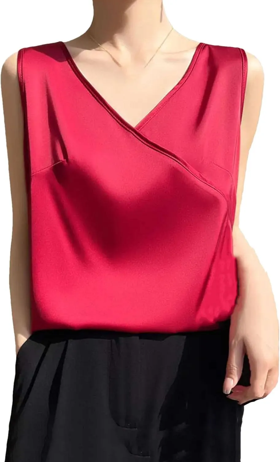 Women's Lightweight Satin Tank Top & Camisole Summer Wrap V-Neck Sleeveless Vest Casual Loose Fit Undershirt for Blazers