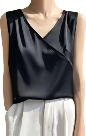Women's Lightweight Satin Tank Top & Camisole Summer Wrap V-Neck Sleeveless Vest Casual Loose Fit Undershirt for Blazers