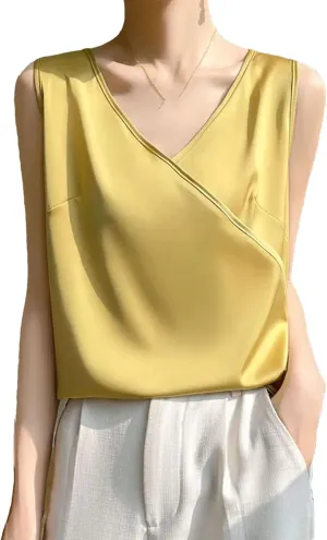 Women's Lightweight Satin Tank Top & Camisole Summer Wrap V-Neck Sleeveless Vest Casual Loose Fit Undershirt for Blazers