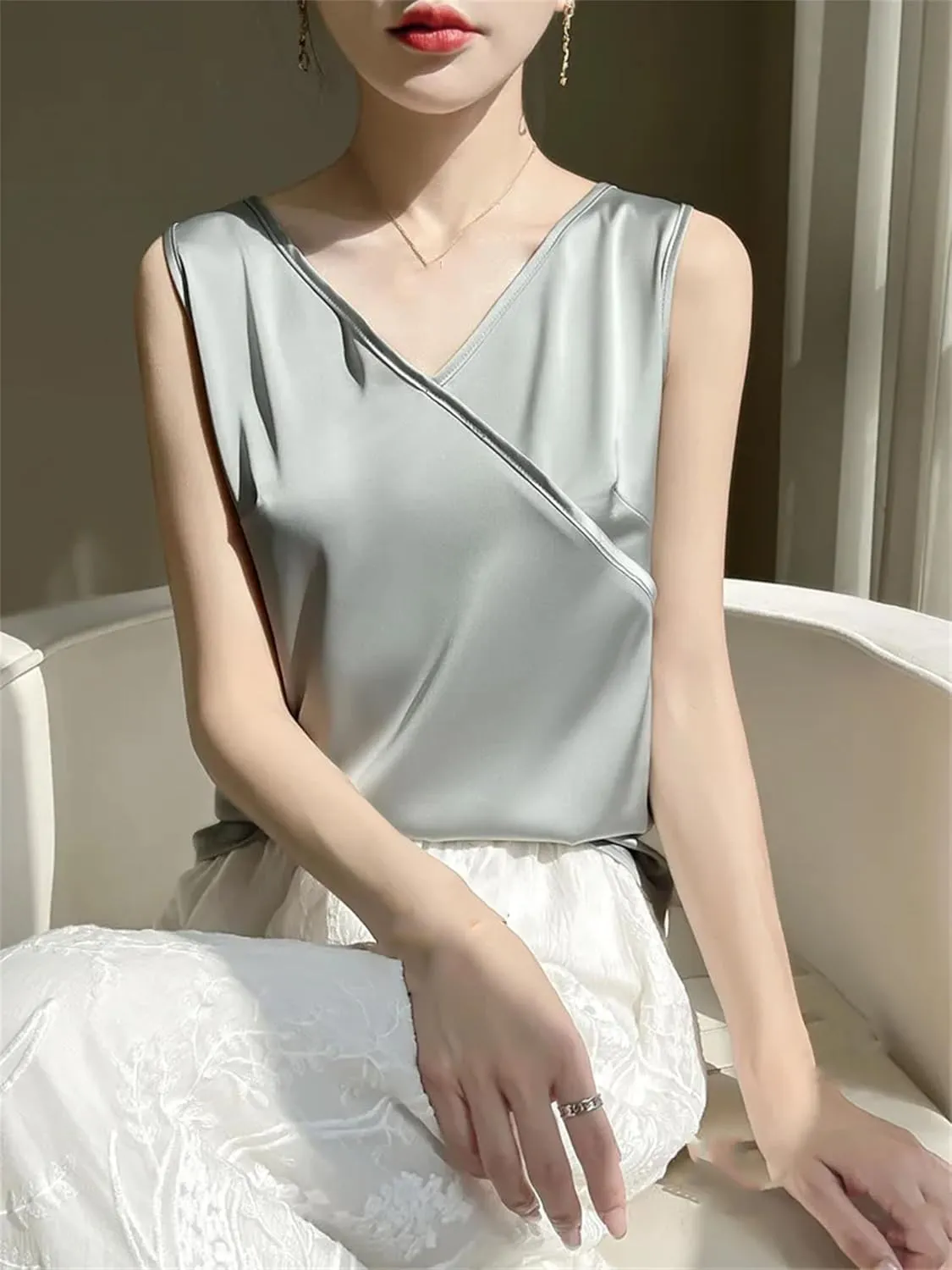 Women's Lightweight Satin Tank Top & Camisole Summer Wrap V-Neck Sleeveless Vest Casual Loose Fit Undershirt for Blazers