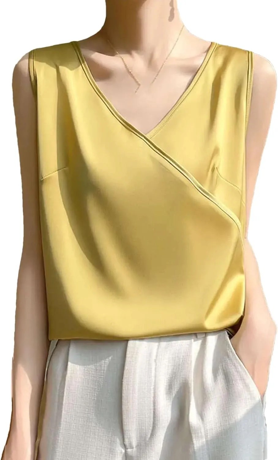 Women's Lightweight Satin Tank Top & Camisole Summer Wrap V-Neck Sleeveless Vest Casual Loose Fit Undershirt for Blazers