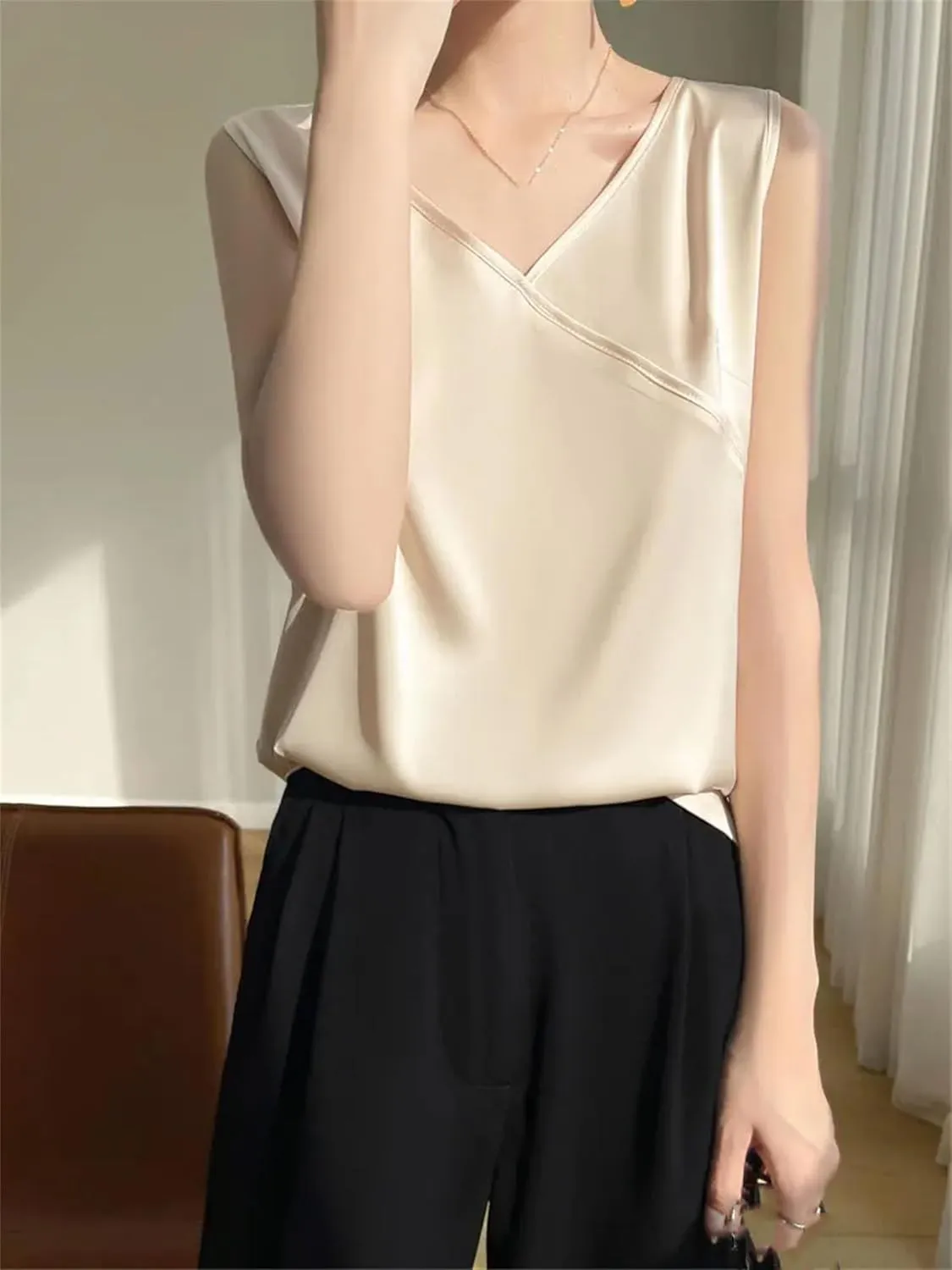 Women's Lightweight Satin Tank Top & Camisole Summer Wrap V-Neck Sleeveless Vest Casual Loose Fit Undershirt for Blazers