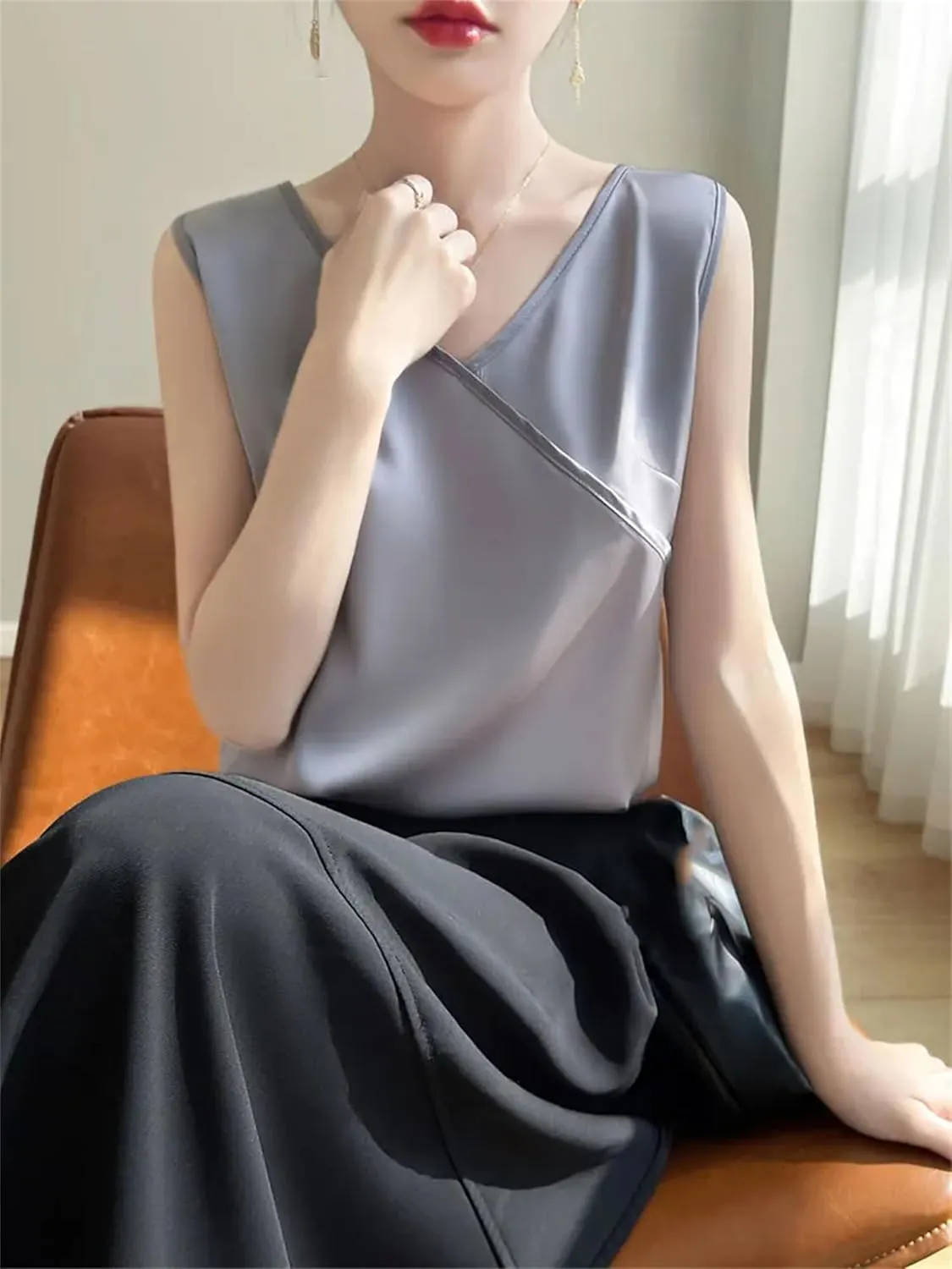 Women's Lightweight Satin Tank Top & Camisole Summer Wrap V-Neck Sleeveless Vest Casual Loose Fit Undershirt for Blazers