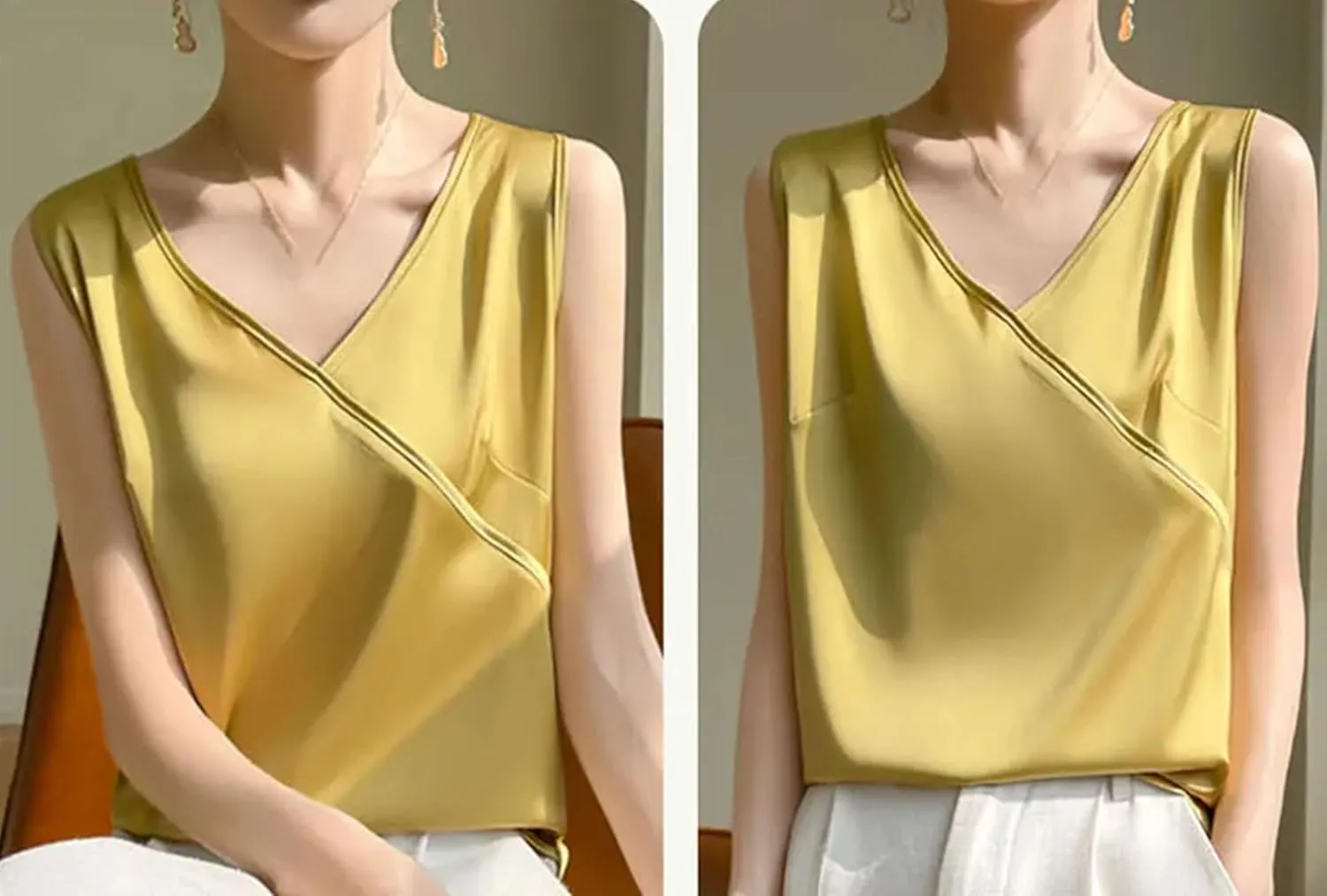 Women's Lightweight Satin Tank Top & Camisole Summer Wrap V-Neck Sleeveless Vest Casual Loose Fit Undershirt for Blazers