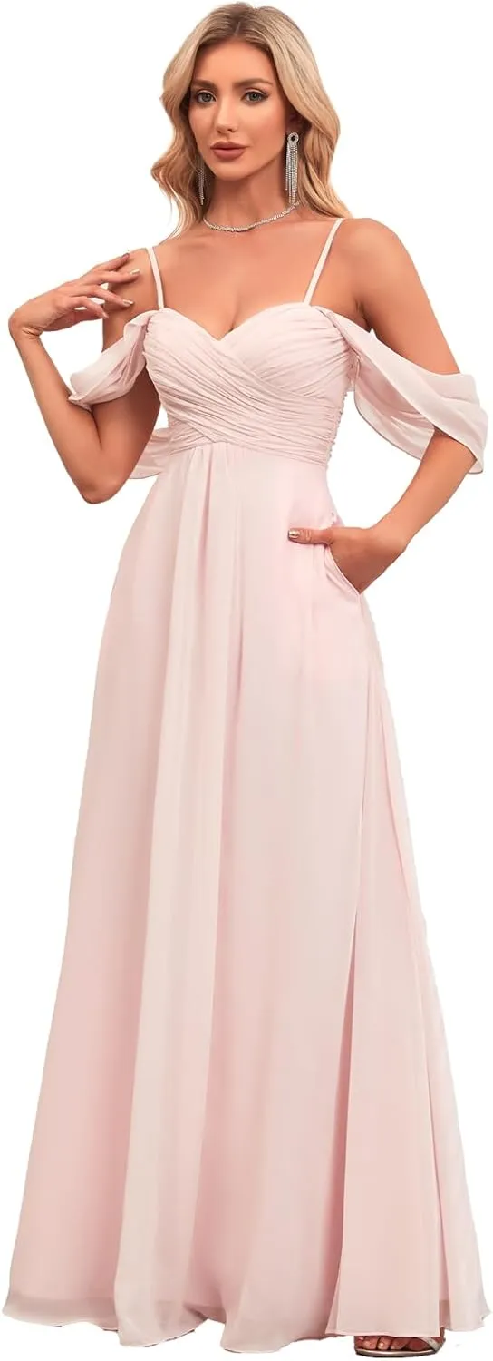 Women's Off Shoulder Bridesmaid Dress Long with Slit Chiffon Ruffles Pleats Formal Party Dresses