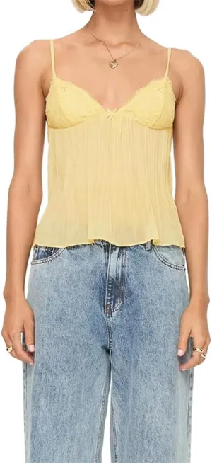 Women's Pleated Camisoles Front Mini Bow Decor Adjustable Spaghetti Straps Lace V-Neck Ruffled Hem Tops
