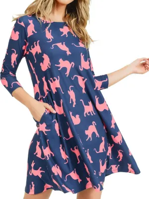 Womens Printed Crew Neck A-Line Dresses with Pockets Casual Tropical Floral Novelty Animal Christmas Patterns