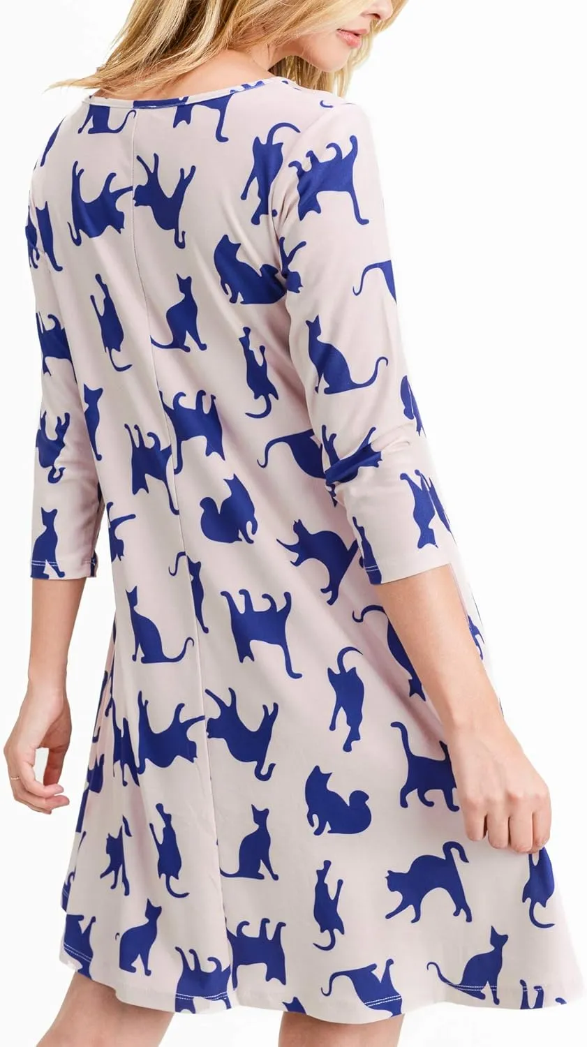 Womens Printed Crew Neck A-Line Dresses with Pockets Casual Tropical Floral Novelty Animal Christmas Patterns