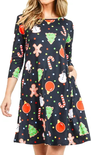 Womens Printed Crew Neck A-Line Dresses with Pockets Casual Tropical Floral Novelty Animal Christmas Patterns