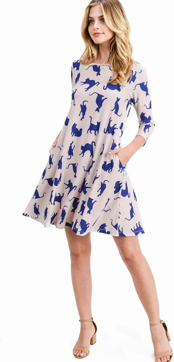 Womens Printed Crew Neck A-Line Dresses with Pockets Casual Tropical Floral Novelty Animal Christmas Patterns