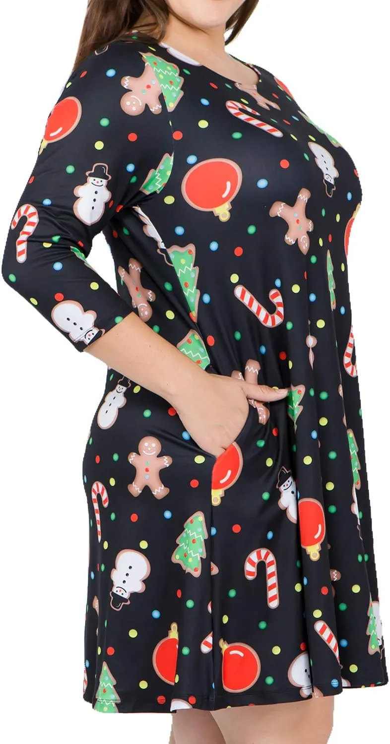 Womens Printed Crew Neck A-Line Dresses with Pockets Casual Tropical Floral Novelty Animal Christmas Patterns