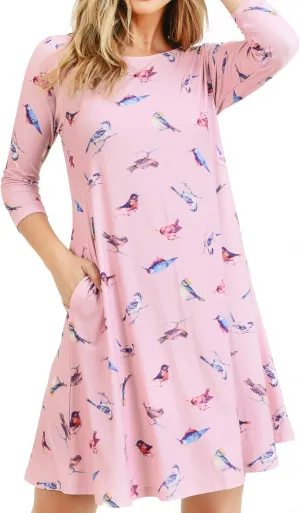 Womens Printed Crew Neck A-Line Dresses with Pockets Casual Tropical Floral Novelty Animal Christmas Patterns