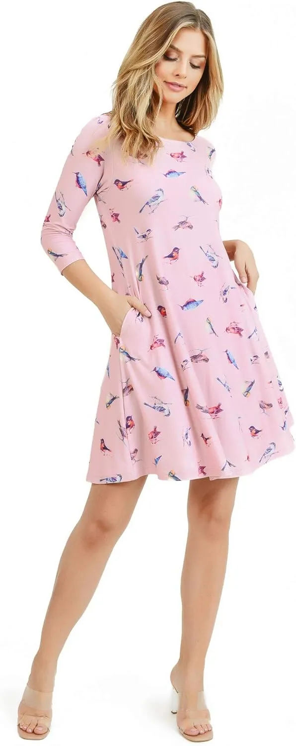 Womens Printed Crew Neck A-Line Dresses with Pockets Casual Tropical Floral Novelty Animal Christmas Patterns