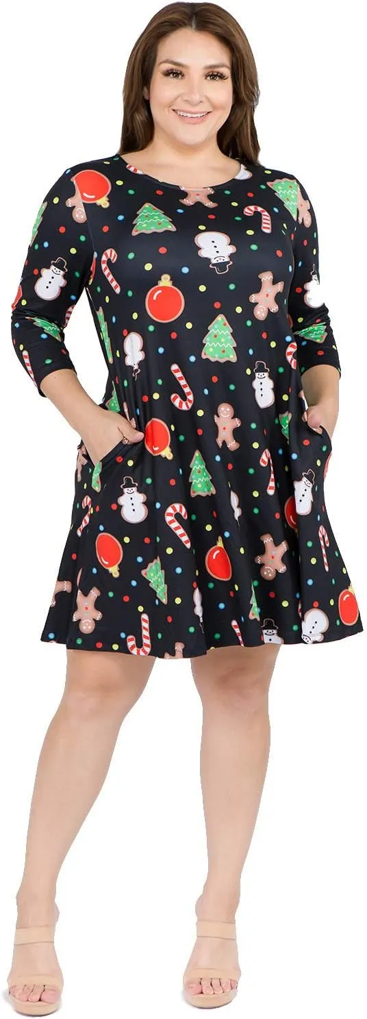 Womens Printed Crew Neck A-Line Dresses with Pockets Casual Tropical Floral Novelty Animal Christmas Patterns