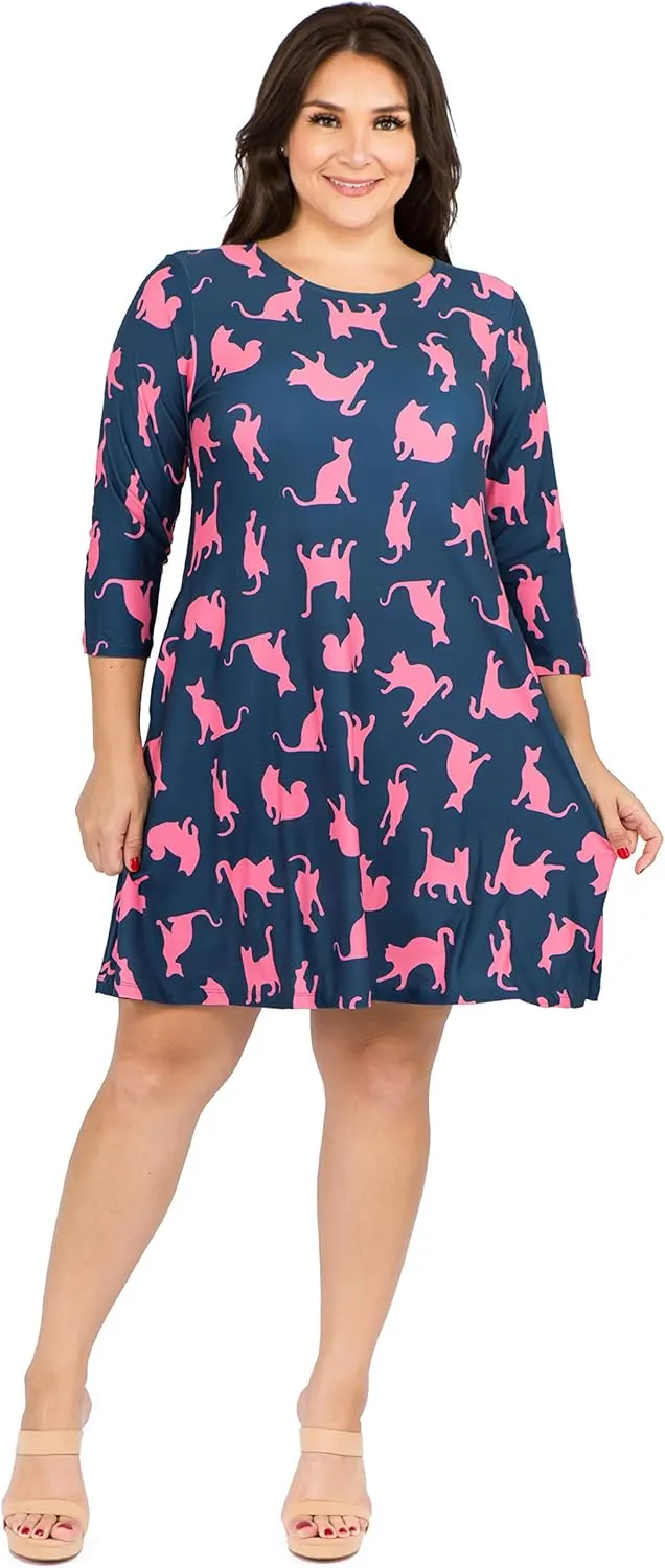 Womens Printed Crew Neck A-Line Dresses with Pockets Casual Tropical Floral Novelty Animal Christmas Patterns