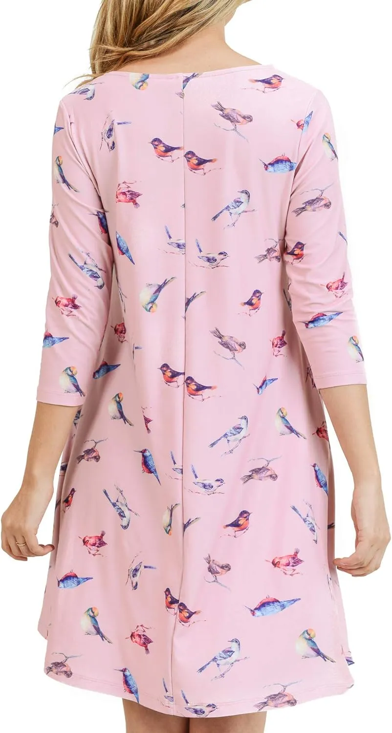 Womens Printed Crew Neck A-Line Dresses with Pockets Casual Tropical Floral Novelty Animal Christmas Patterns