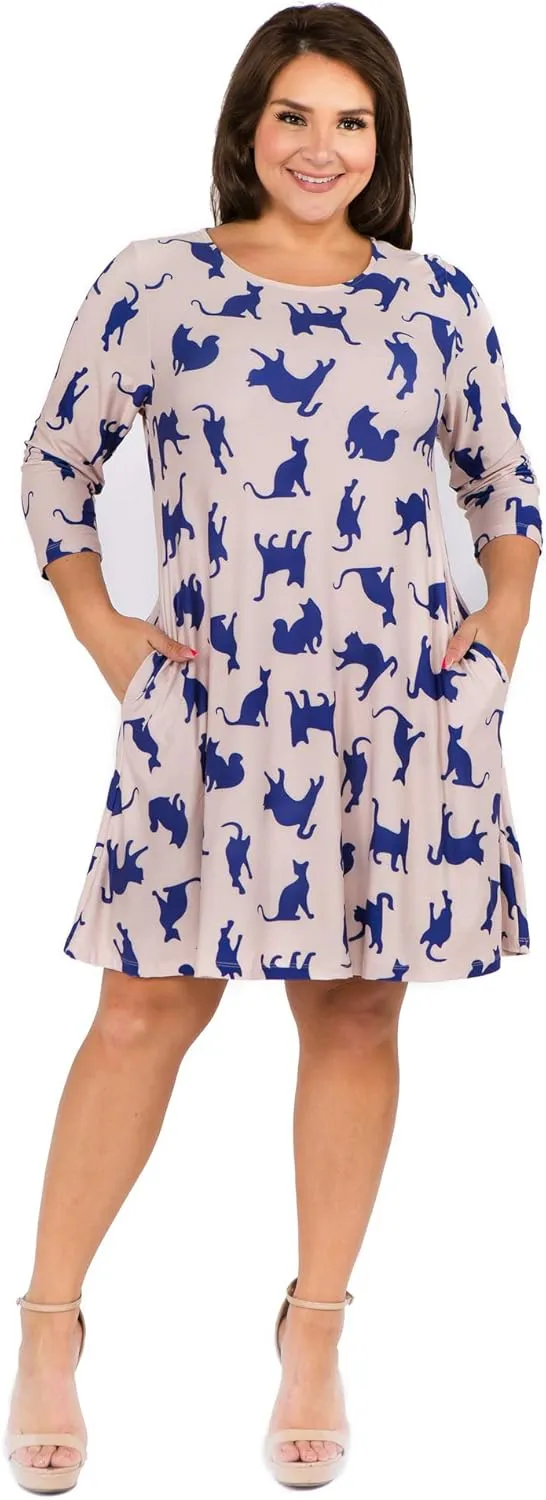 Womens Printed Crew Neck A-Line Dresses with Pockets Casual Tropical Floral Novelty Animal Christmas Patterns