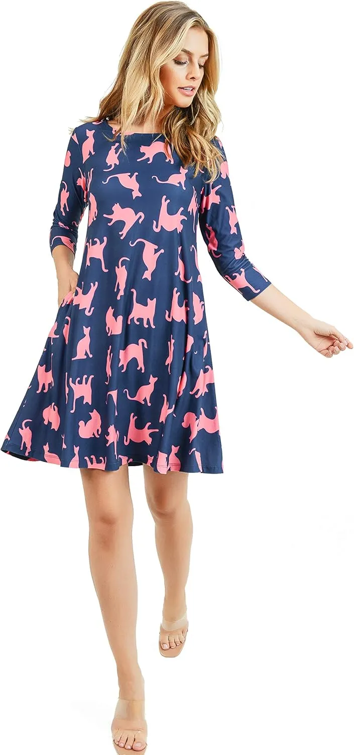 Womens Printed Crew Neck A-Line Dresses with Pockets Casual Tropical Floral Novelty Animal Christmas Patterns