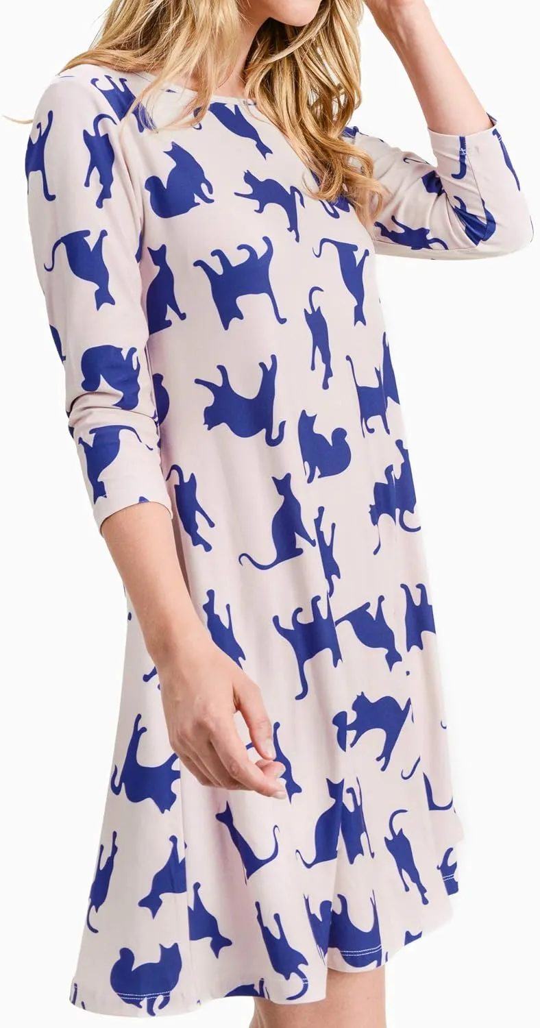 Womens Printed Crew Neck A-Line Dresses with Pockets Casual Tropical Floral Novelty Animal Christmas Patterns