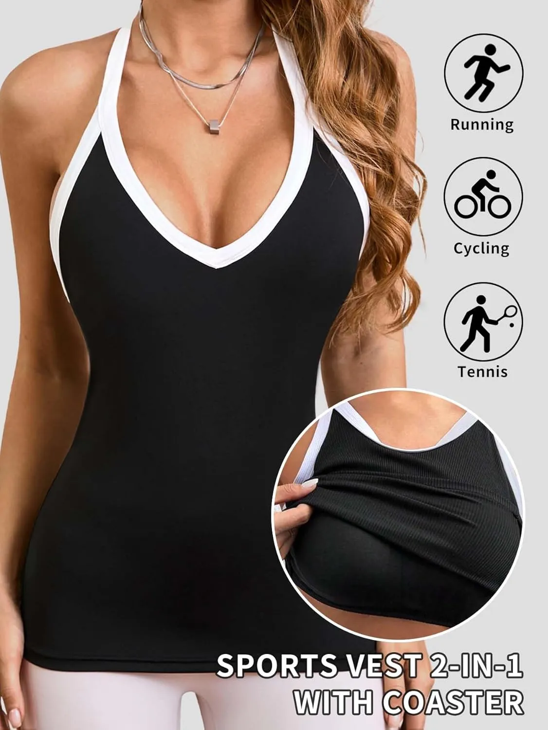 Women's Racerback Workout Tank Top -Color Block - Slim Fit V-Neck Ribbed Sleeveless Camisole for Yoga & Gym