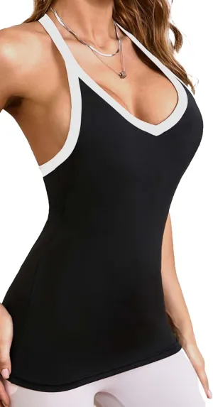 Women's Racerback Workout Tank Top -Color Block - Slim Fit V-Neck Ribbed Sleeveless Camisole for Yoga & Gym