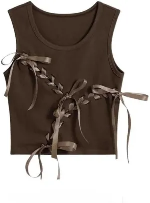 Womens Retro Crew Neck Sleeveless Tank Top Bow Lace-Up Vests Solid Casual Slim Fit Short Camisole