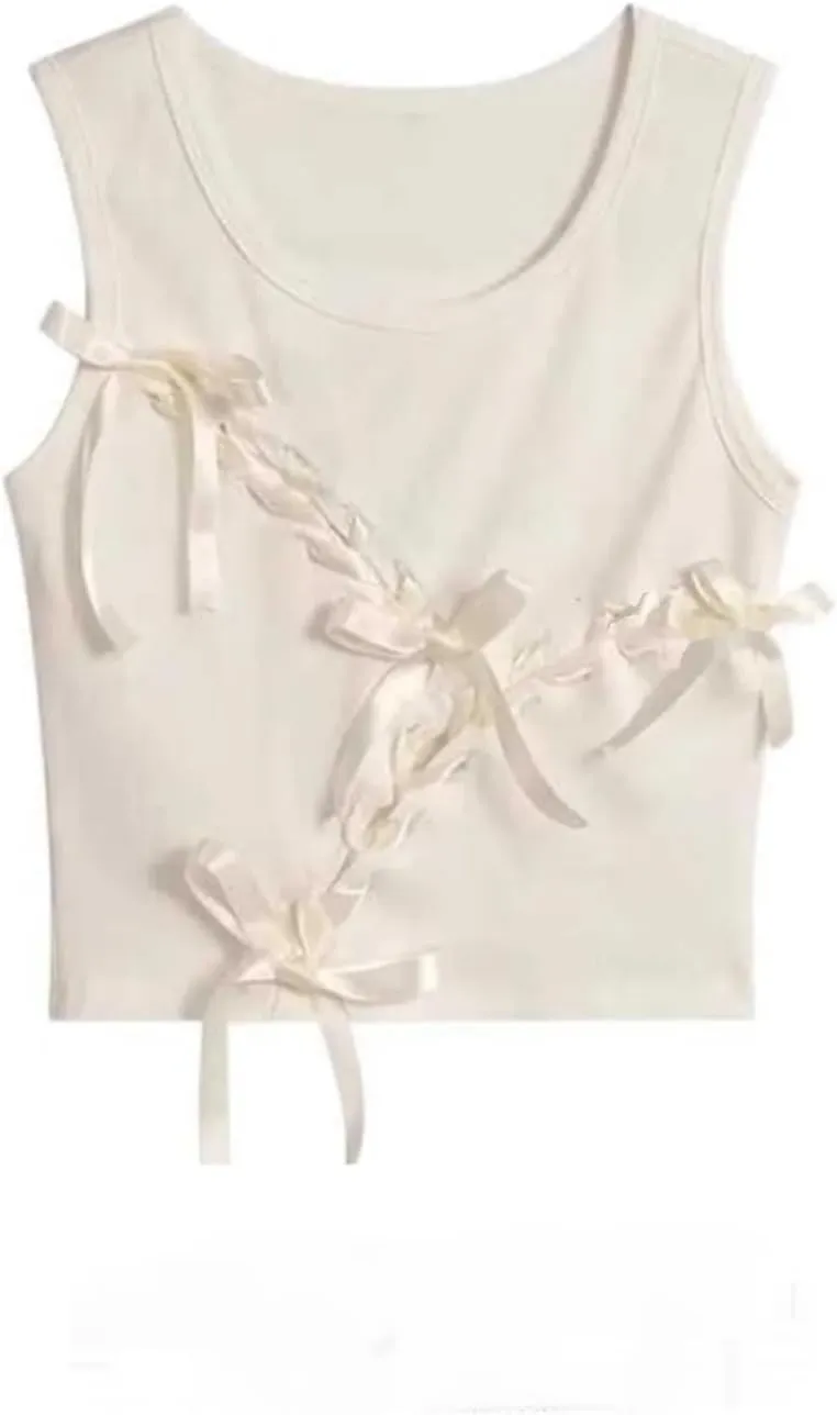 Womens Retro Crew Neck Sleeveless Tank Top Bow Lace-Up Vests Solid Casual Slim Fit Short Camisole