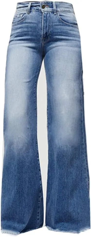 Women's Ripped High Waisted Flared Jeans Wide Leg Distressed Denim Pants Loose Fit Destroyed Trousers with Pockets