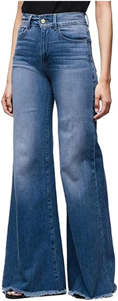 Women's Ripped High Waisted Flared Jeans Wide Leg Distressed Denim Pants Loose Fit Destroyed Trousers with Pockets