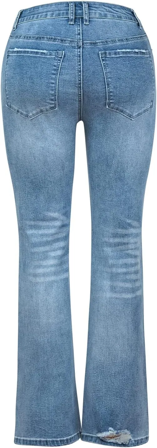 Women's Ripped High Waisted Flared Jeans Wide Leg Distressed Denim Pants Loose Fit Destroyed Trousers with Pockets