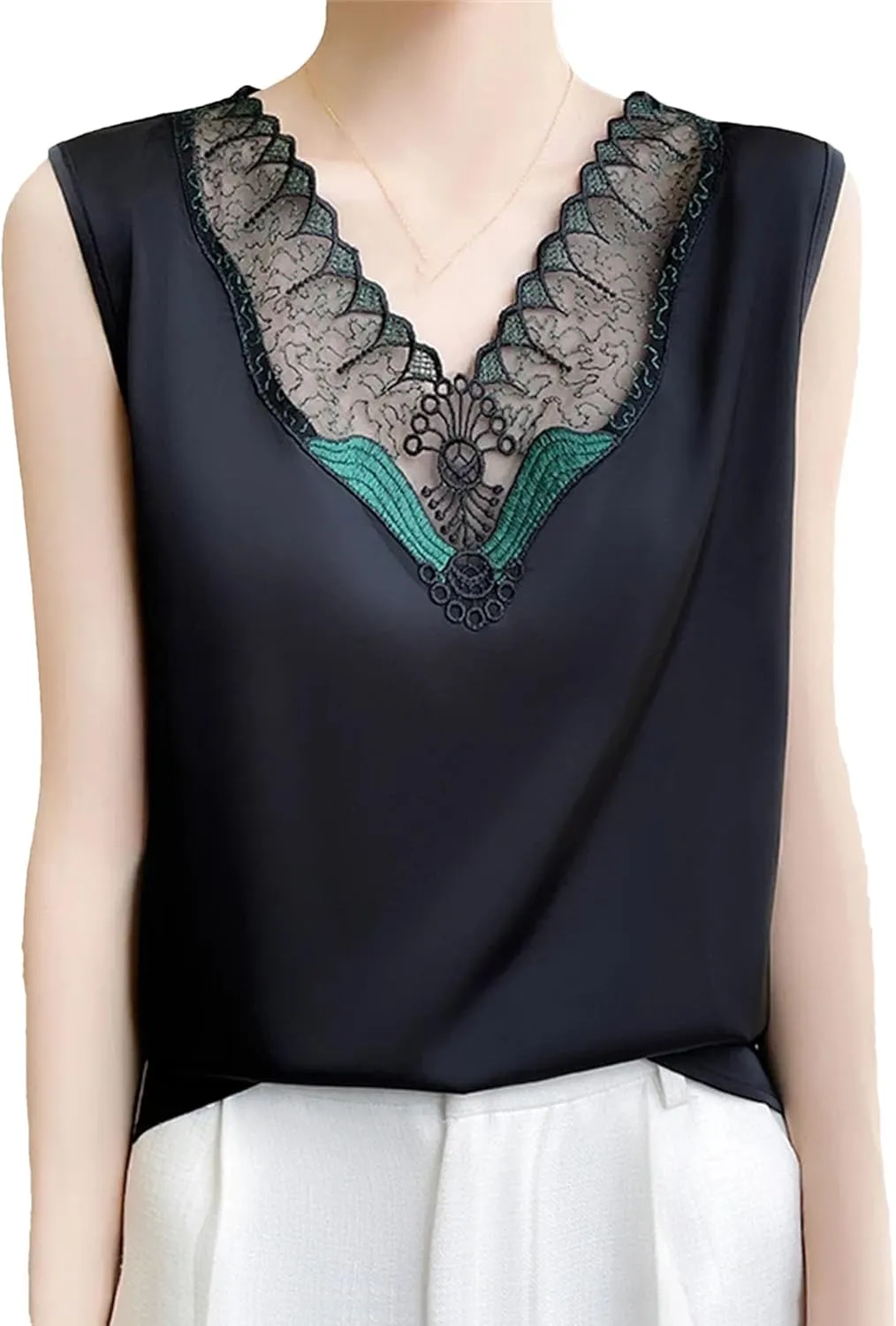 Women's Ruffle Lace Trim Satin Tank Top Camisole Summer Breathable V-Neck Sleeveless Vest Lightweight Loose Fit Work Blouse