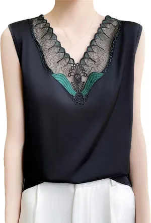 Women's Ruffle Lace Trim Satin Tank Top Camisole Summer Breathable V-Neck Sleeveless Vest Lightweight Loose Fit Work Blouse